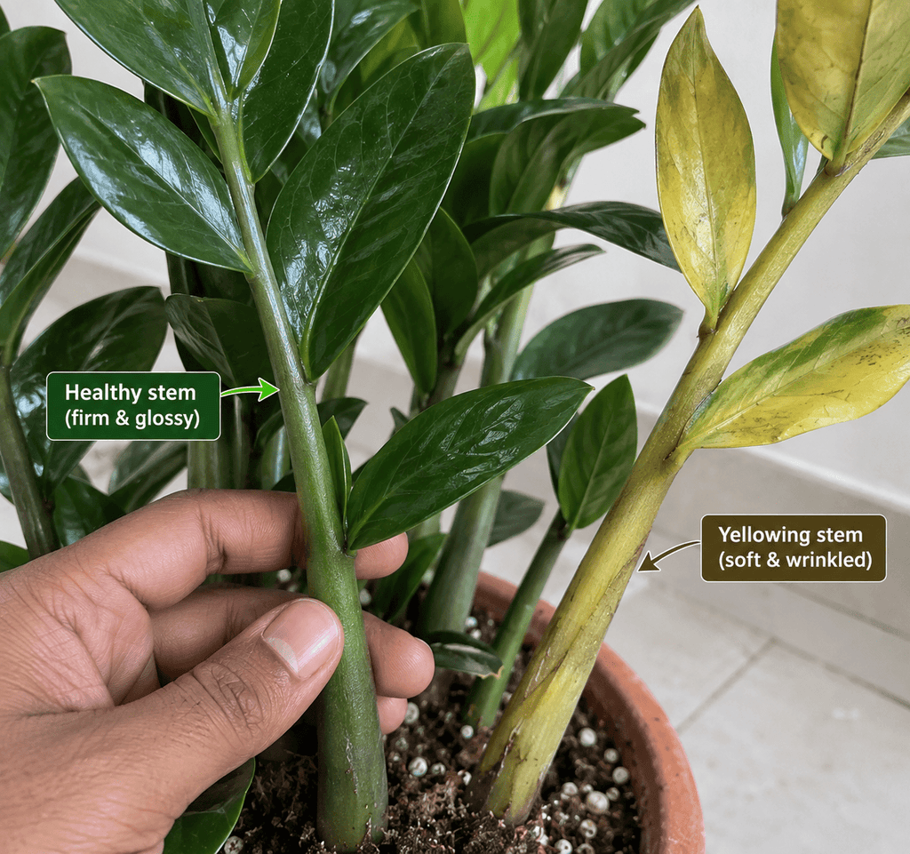 Common Issues for ZZ Plant - Healthy Stem Vs Yellowing Stem